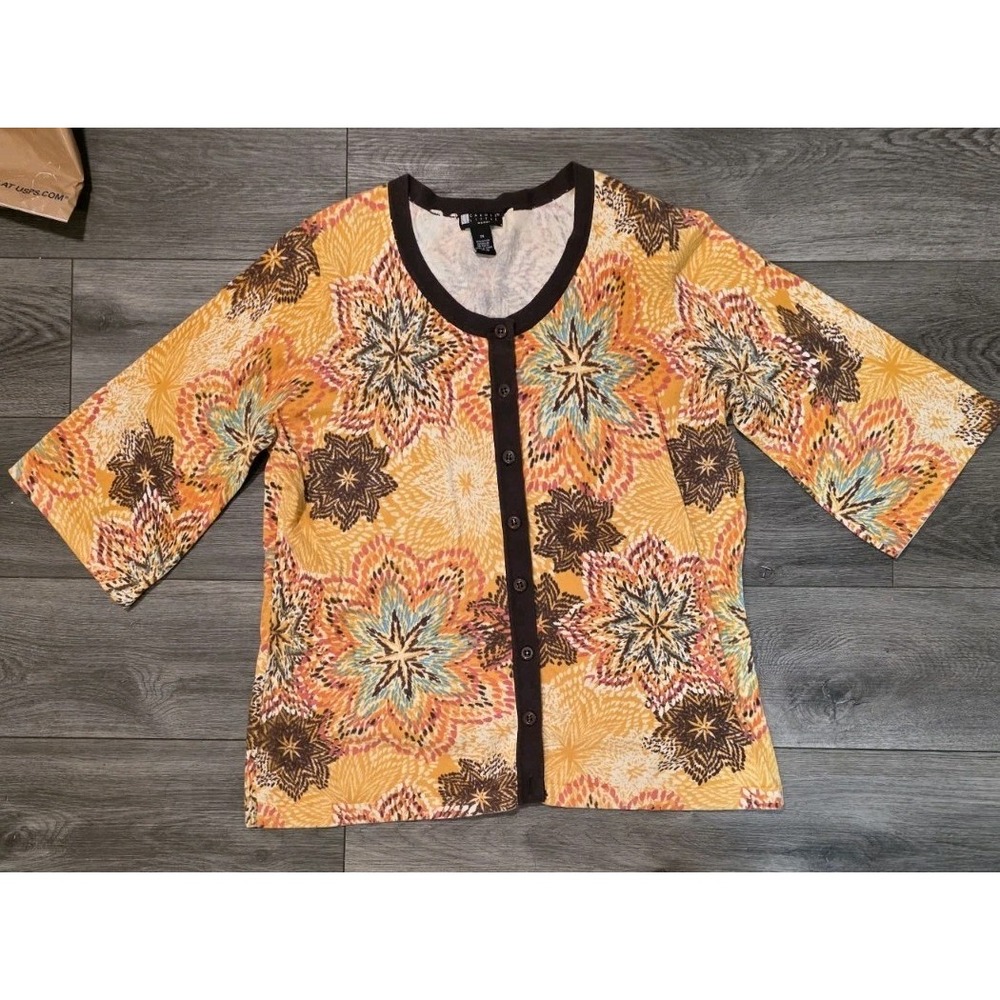 Vtg Carol Little 2X Cardigan Colorful Floral 3/4 Sleeve Button Up Autumn Retro